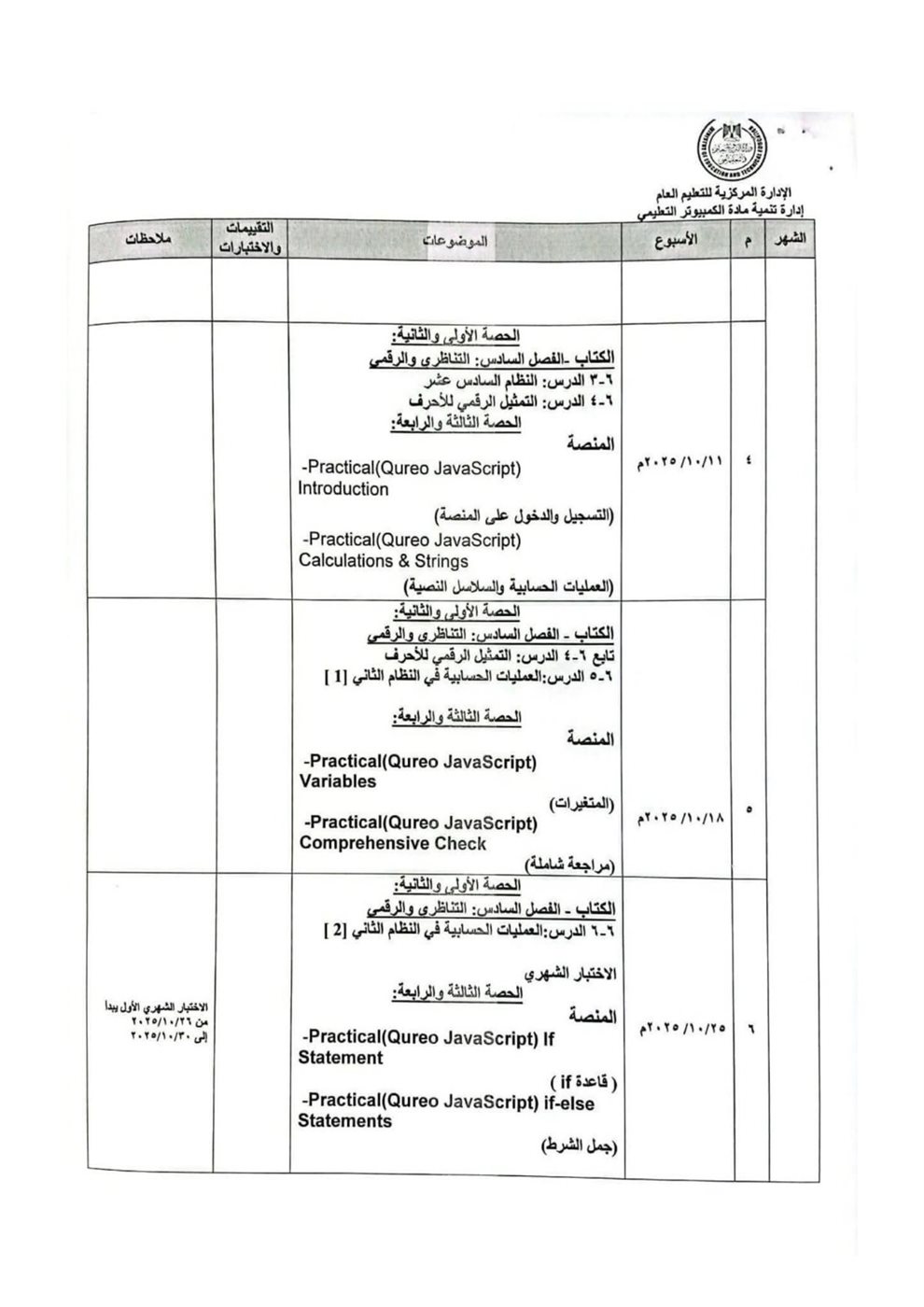   توزيع منهج البرمجة والذكاء الاصطناعي للصف الأول الثانوي للعام الدراسي الجديد 