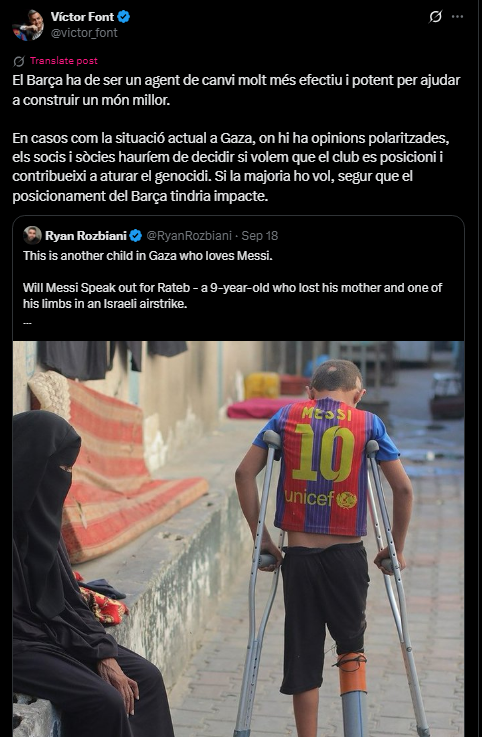 <strong>تعليق فيكتور فونت المرشح السابق على رئاسة نادي برشلونة الإسباني على إحدى صور أطفال غزة</strong>