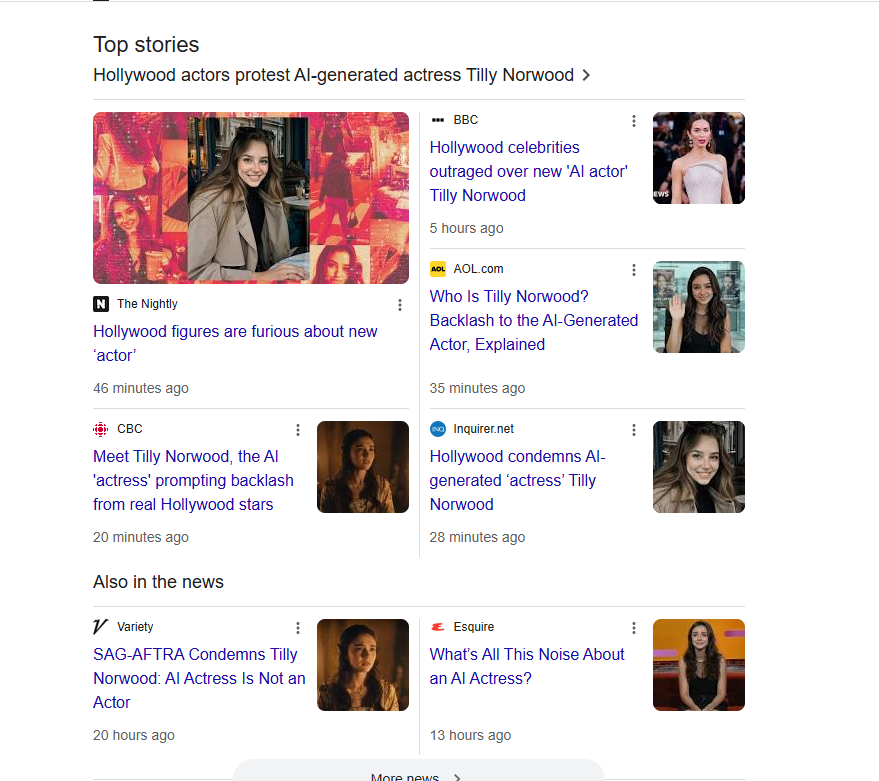 <strong> تيلي نورود Tilly Norwood تتصدر عناوين الصحف العالمية</strong>