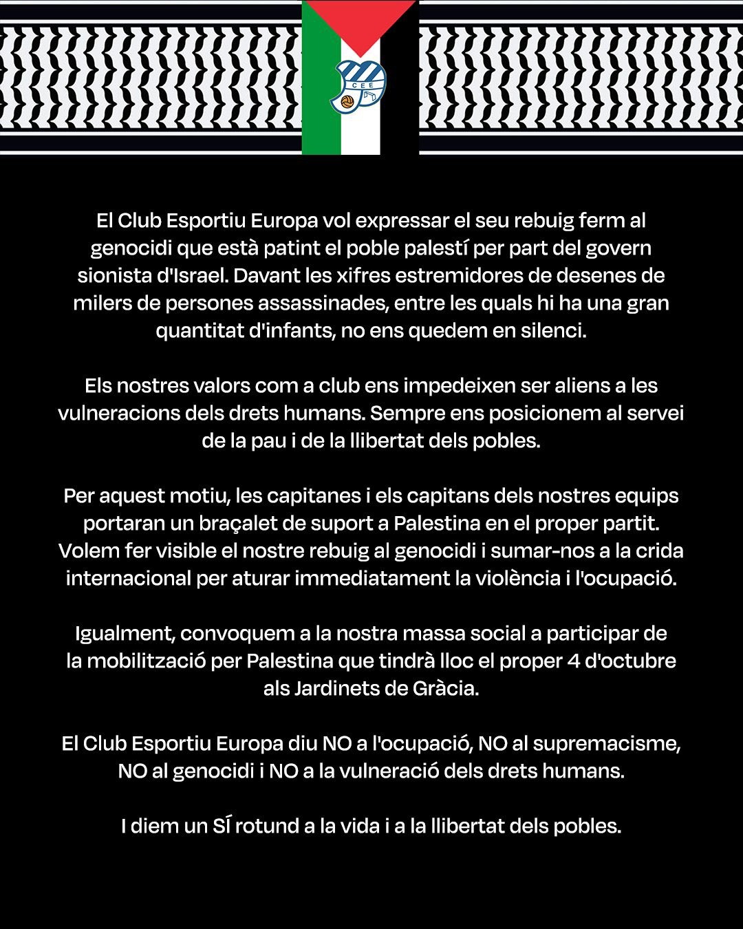 يلعب في دوري الدرجة الثالثة الإسباني.. نادي إسبورتيو أوروبا الكتالوني يعلن دعمه لفلسطين ويرفض الإبادة الجماعية