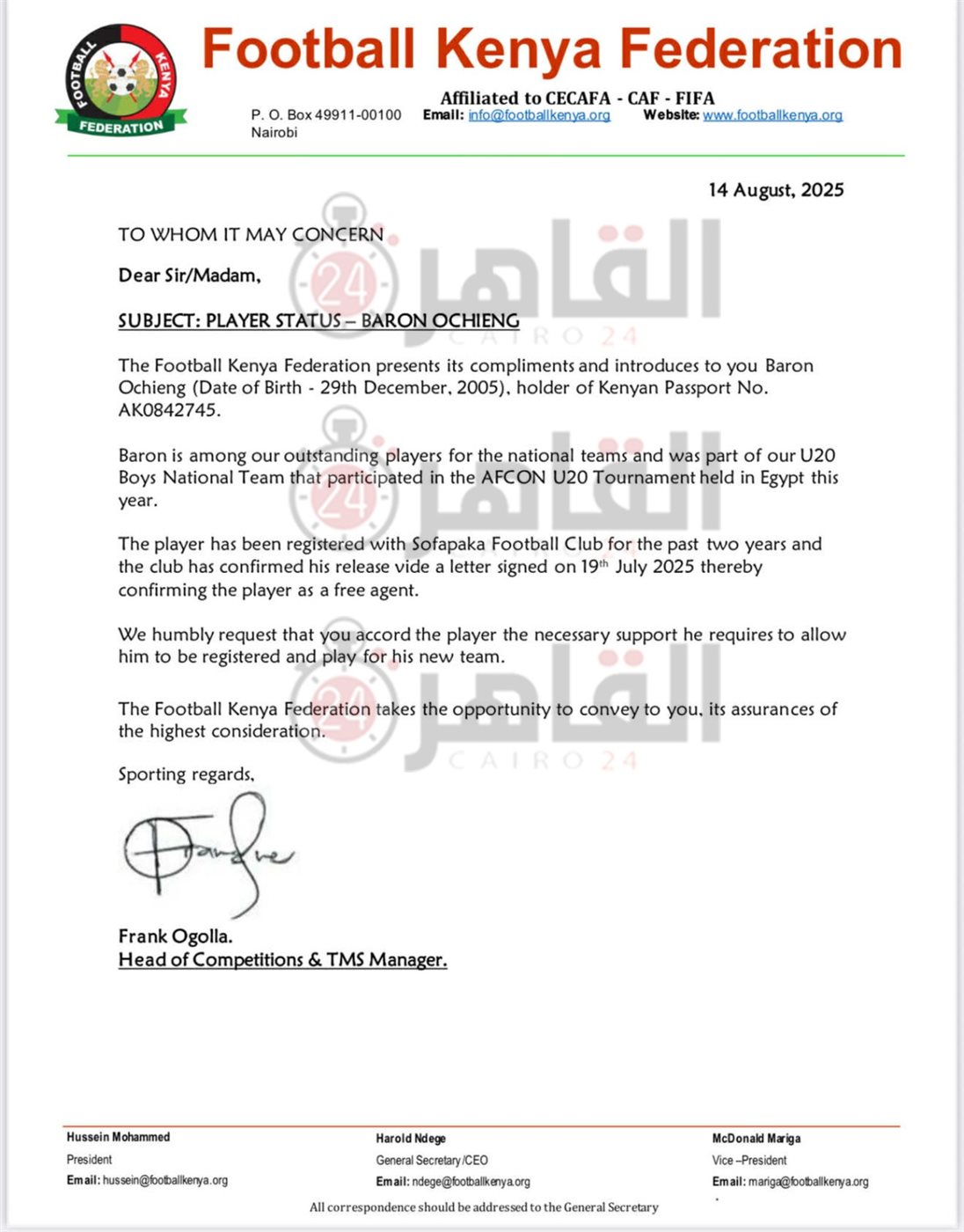 القاهرة 24 تكشف حقيقة أزمة صفقة بارون أوشينج مع الزمالك