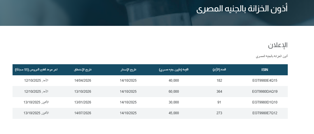 البنك المركزي يطرح أذون خزانة 