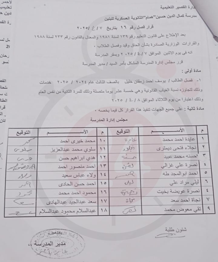 نسخة من قرار فصل الطالب يوسف احمد 