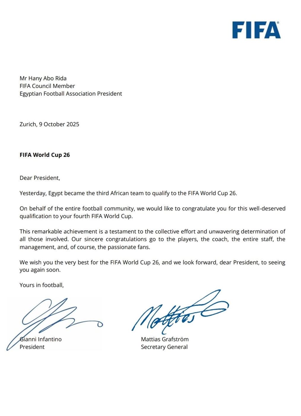 خطاب إنفانتينو لـ أبو ريدة 