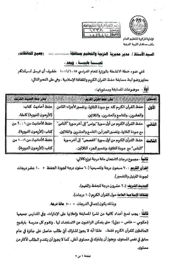 مسابقة حفظ القرآن الكريم والثقافة الإسلامية