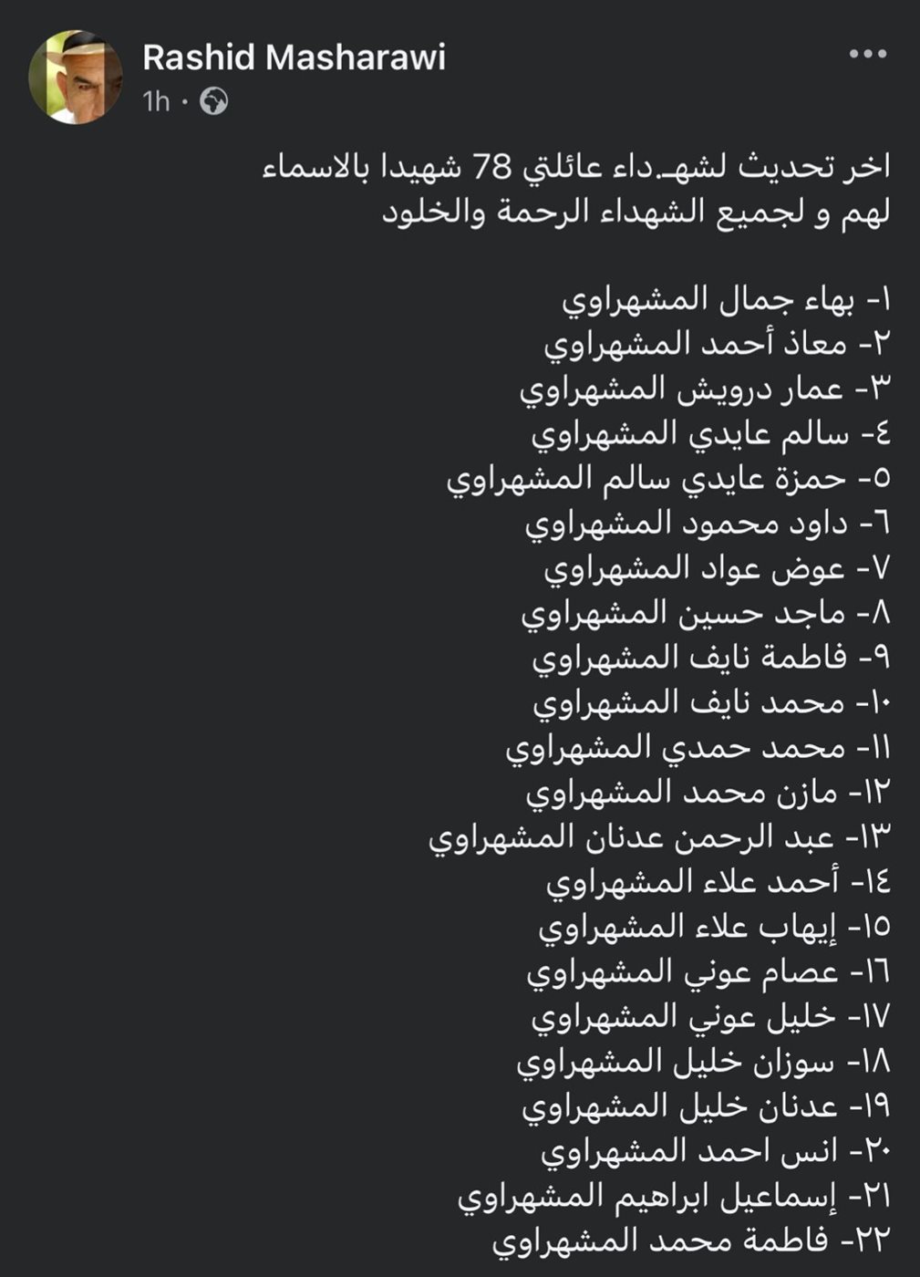 بعد قصف منزله.. رشيد مشهراوي يعلن استشهاد 78 فردًا من عائلته في غزة