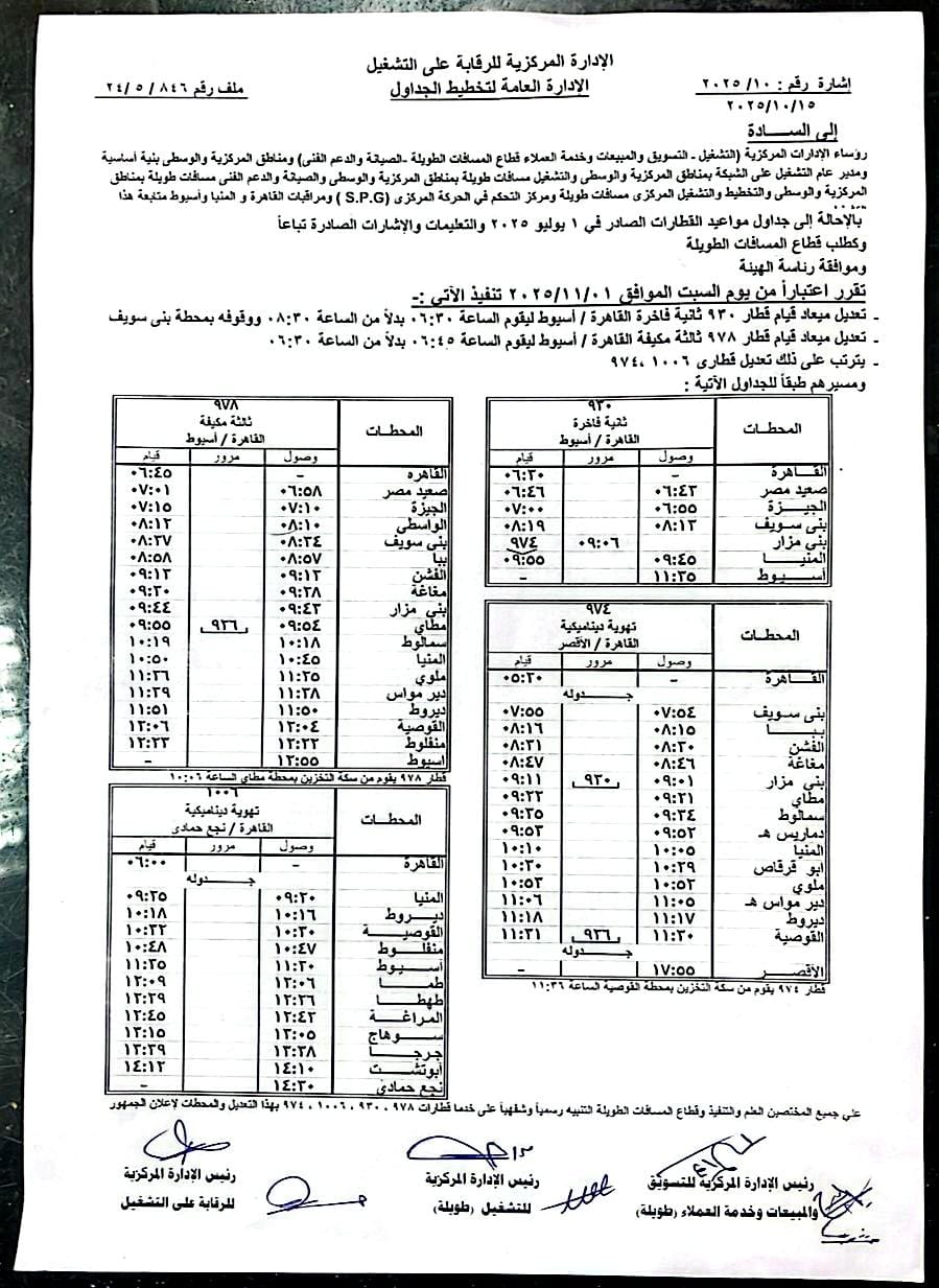 السكة الحديد تقرر تعديل مواعيد بعض القطارات على الوجه القبلي