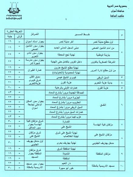 تعريفة الركوب الجديدة للمواصلات في أسوان
