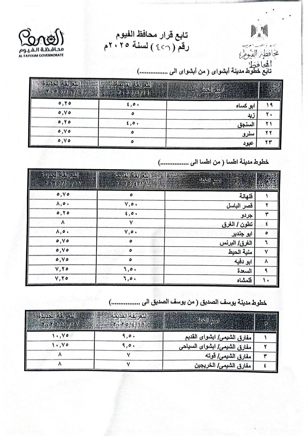 تعريفة الركوب الجديدة للمواصلات في الفيوم