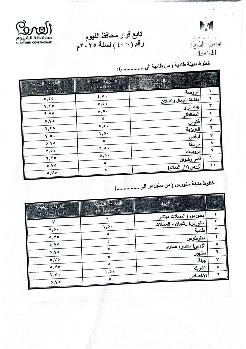 تعريفة الركوب الجديدة للمواصلات في الفيوم