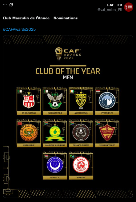 بيراميدز الفريق المصري الوحيد.. كاف يعلن قائمة الأندية المرشحة لجائزة أفضل نادي إفريقي في 2025 
