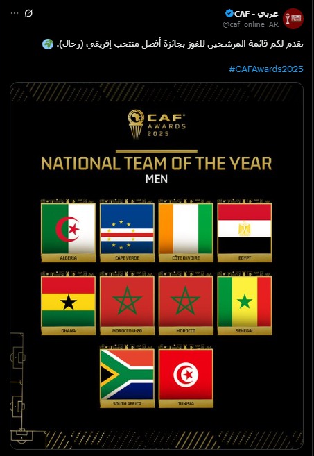 منتخب مصر يتصدر قائمة المنتخبات المرشحة للفوز بجائزة الأفضل بالعام 