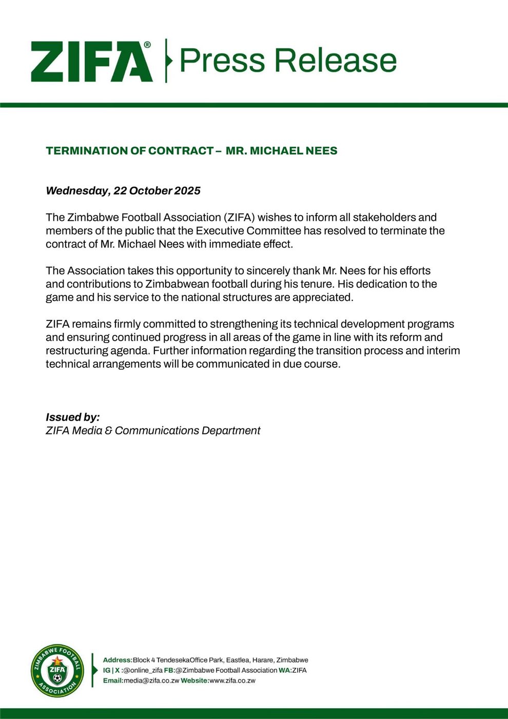 بيان إقالة مدرب منتخب زيمبابوي الألماني مايكل نيس