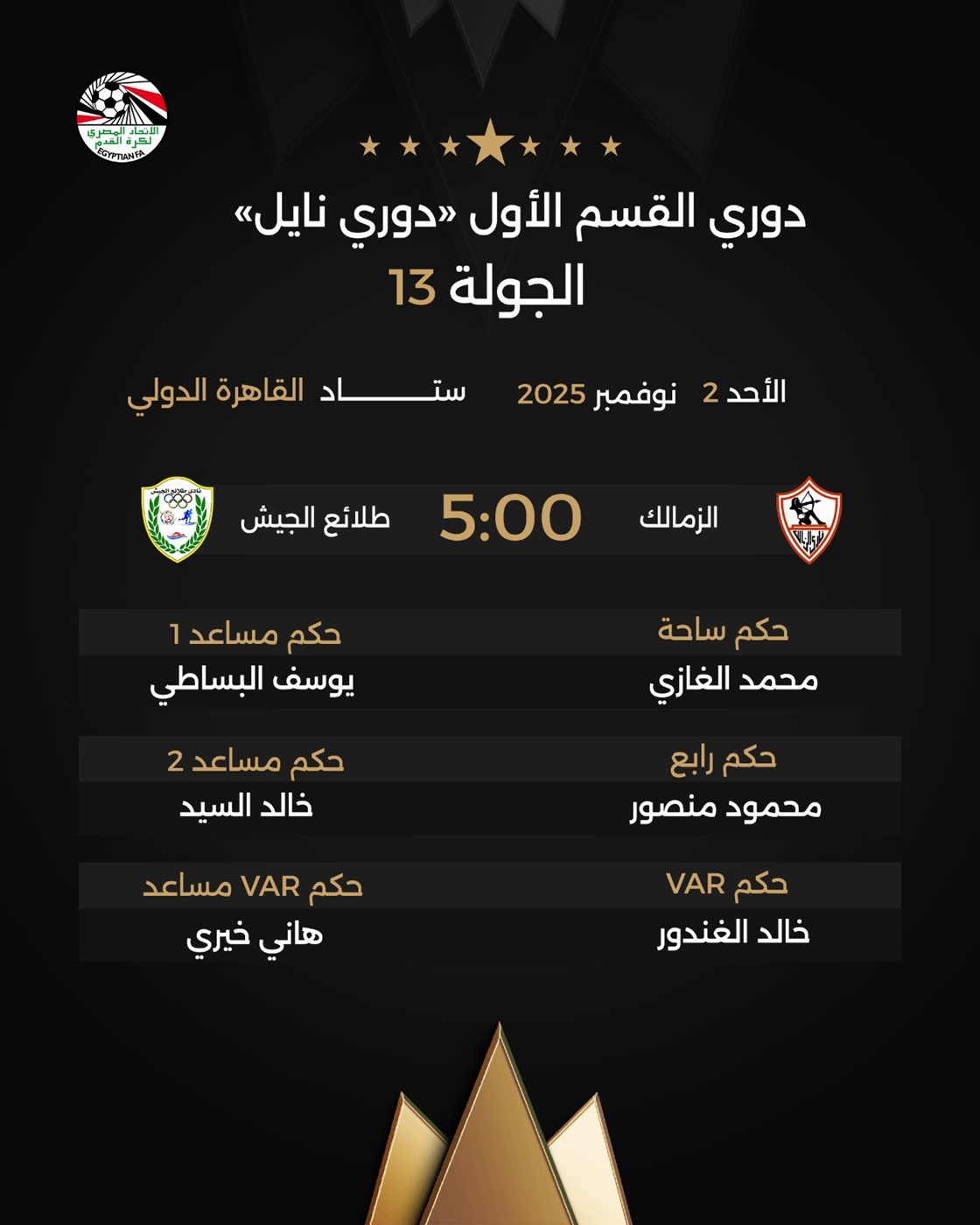 <strong>طاقم تحكيم مباراة الزمالك وطلائع الجيش</strong>