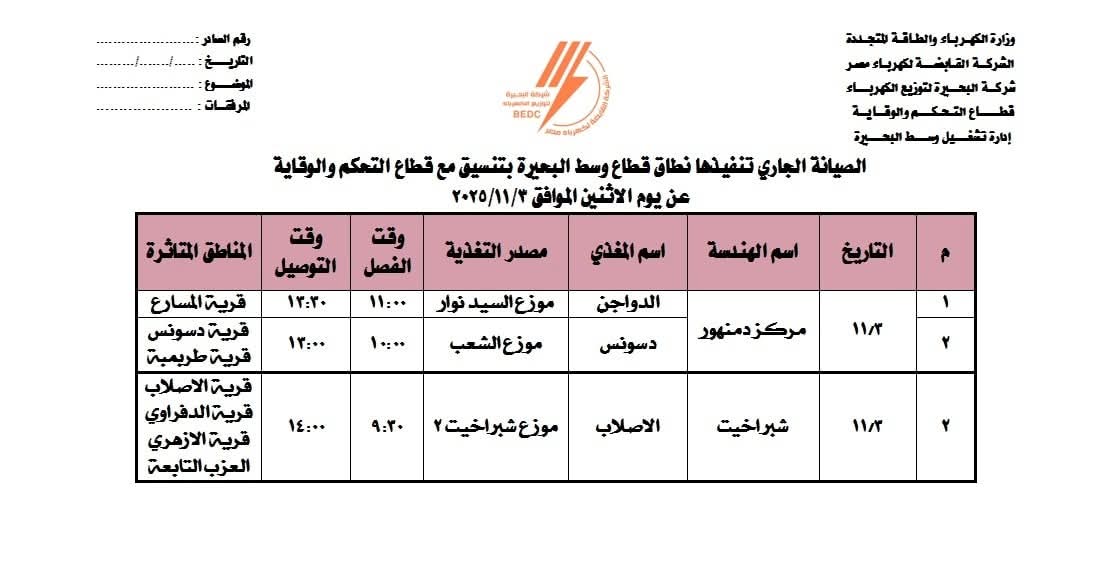 قطع الكهرباء عن هذه القري بمحافظة البحيرة لمدة 5 ساعات