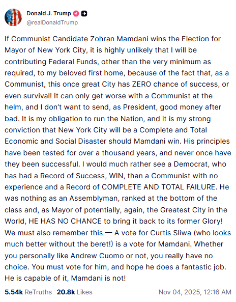 منشور ترامب عبر حسابه على تروث سوشيال