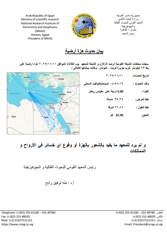 بيان  المعهد القومي للبحوث الفلكية والجيوفيزيقية عن زلزال اليونان 
