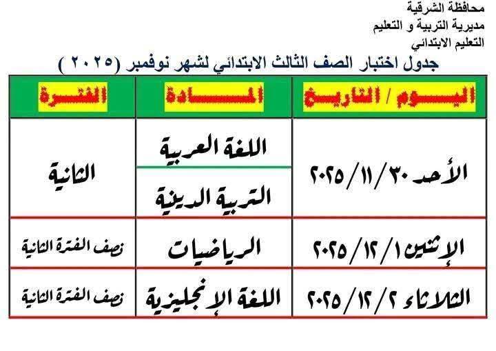 جدول امتحانات شهر نوفمبر 2025 جميع المحافظات<br>