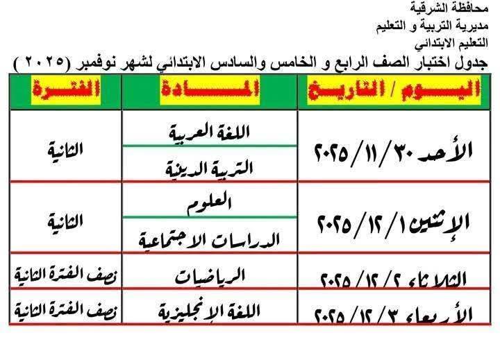 جدول امتحانات شهر نوفمبر 2025 جميع المحافظات<br>