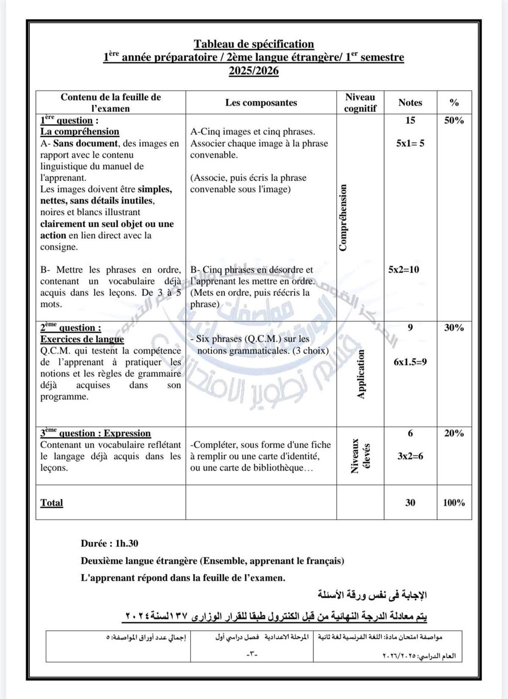 مواصفات امتحان اللغة الفرنسية للمرحلة الإعدادية الترم الأول