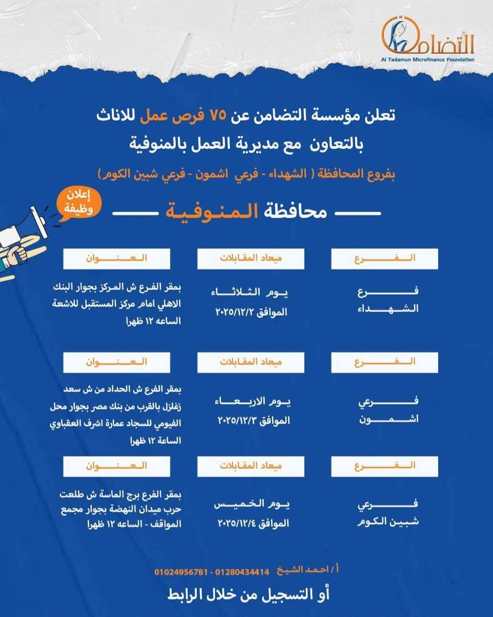 الإعلان عن وظائف متعددة في المنوفية&nbsp;