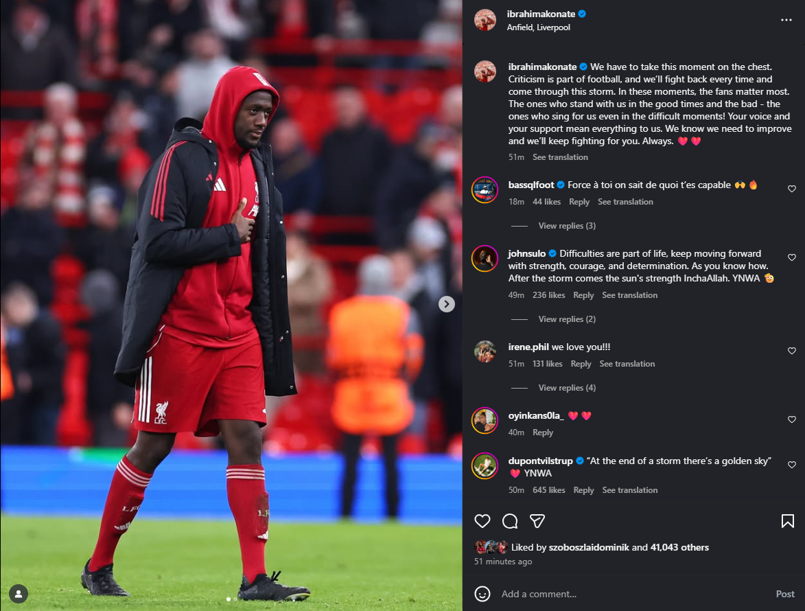 <strong>إبراهيما كوناتيه يعتذر لـ جماهير ليفربول في بيان رسمي بسبب مستوى الريدز</strong>