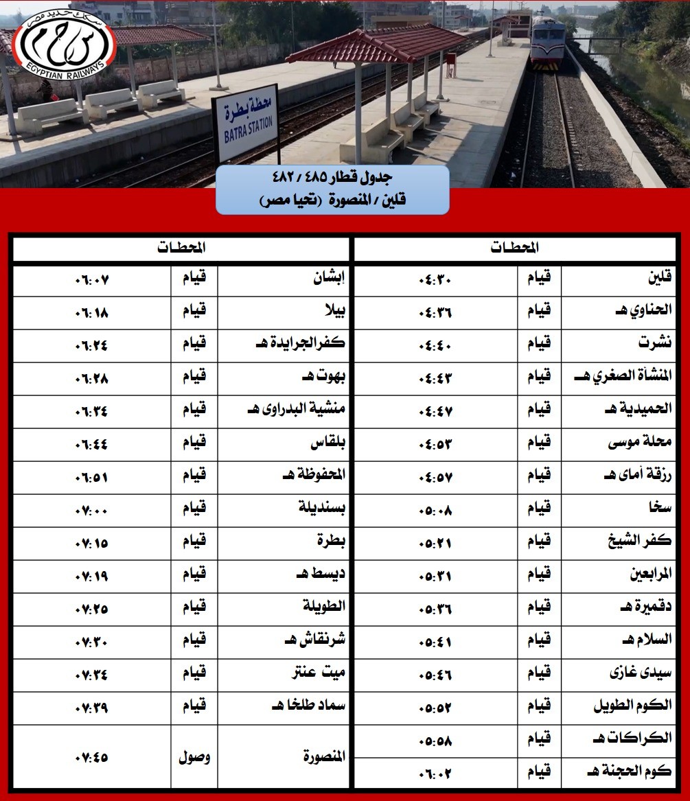 جدول مواعيد القطارات على خطي المنصورة - بلقاس والمنصورة - قلين