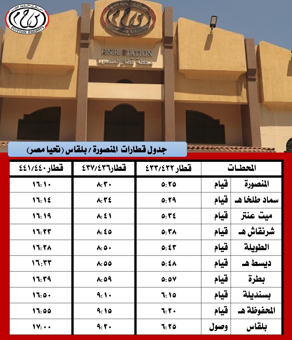 جدول مواعيد القطارات على خطي المنصورة - بلقاس والمنصورة - قلين