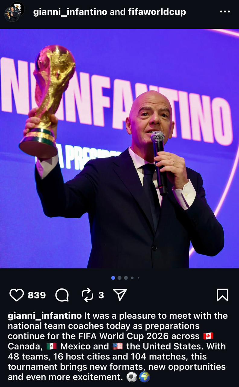 <strong>جياني إنفانتينو رئيس الاتحاد الدولي لكرة القدم عبر حسابه الرسمي على موقع التواصل الإجتماعي إنستجرام</strong>