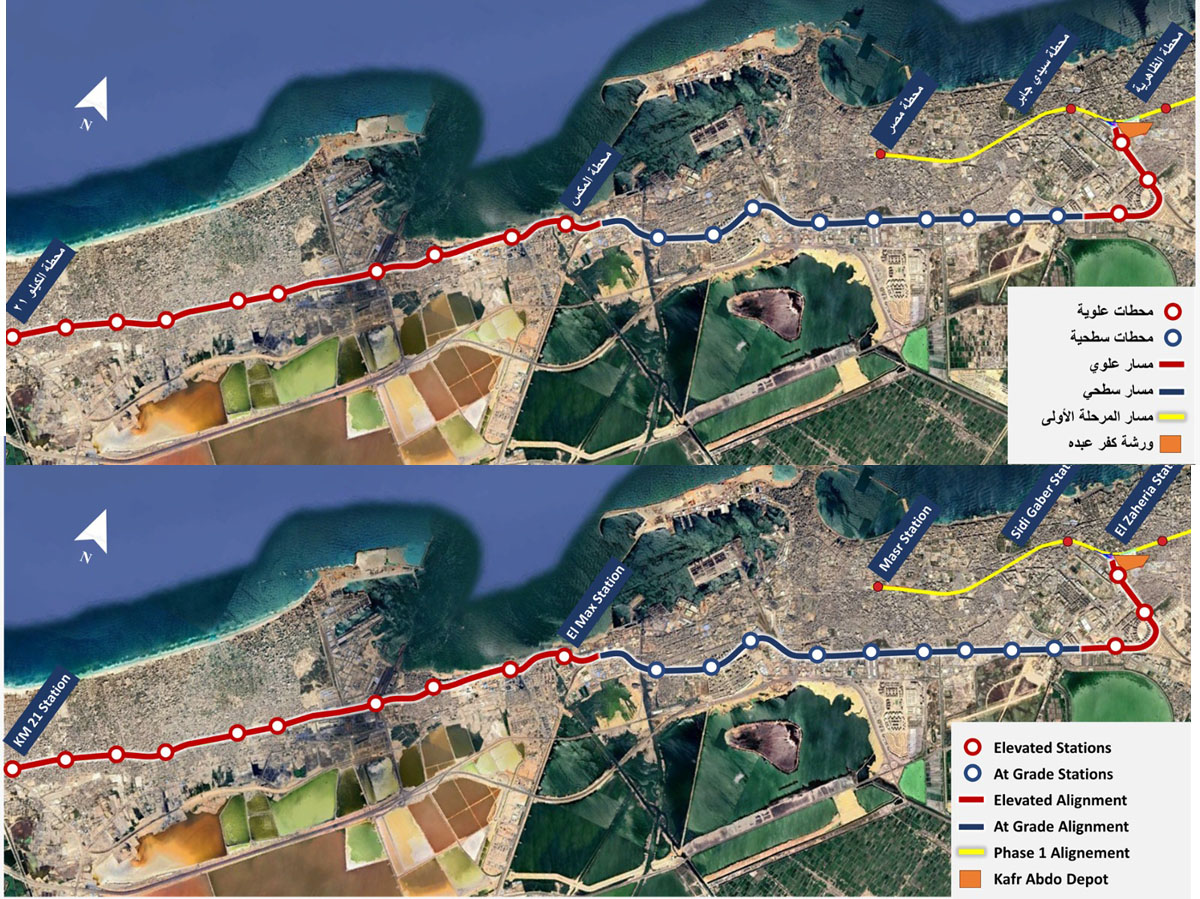 صورة من الأقمار الصناعية لمسار المرحلة الثانية والثالثة لمشروع مترو الإسكندرية