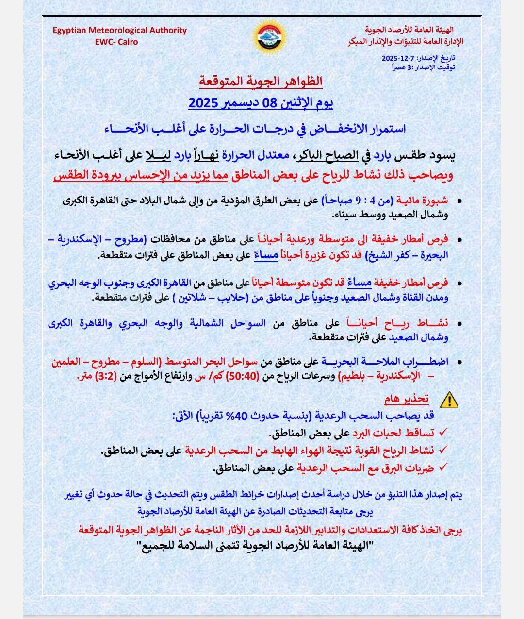 حالة الطقس اليوم في جميع محافظات مصر