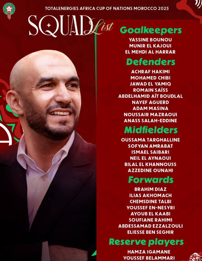 <strong>الشيبي وحكيمي ودياز على رأس قائمة المغرب في كأس أمم إفريقيا 2025</strong>
