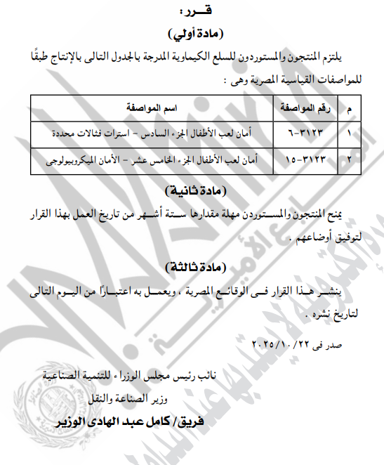 قرارات جديدة من وزارة الصناعة لتنظيم جودة السلع الغذائية والكيماوية