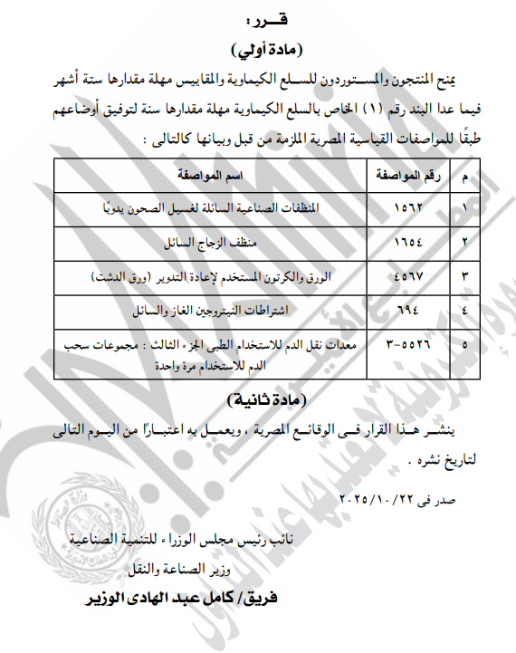 قرارات جديدة من وزارة الصناعة لتنظيم جودة السلع الغذائية والكيماوية
