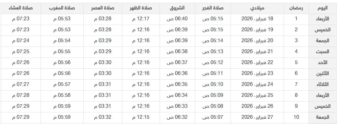 امساكية رمضان 2026