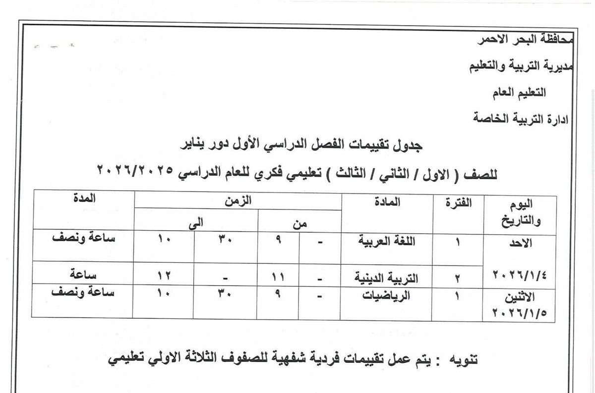 جدول امتحانات الفصل الدراسي الأول بالبحر الأحمر 