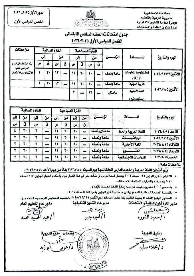 جدول امتحانات الفصل الدراسي الاول