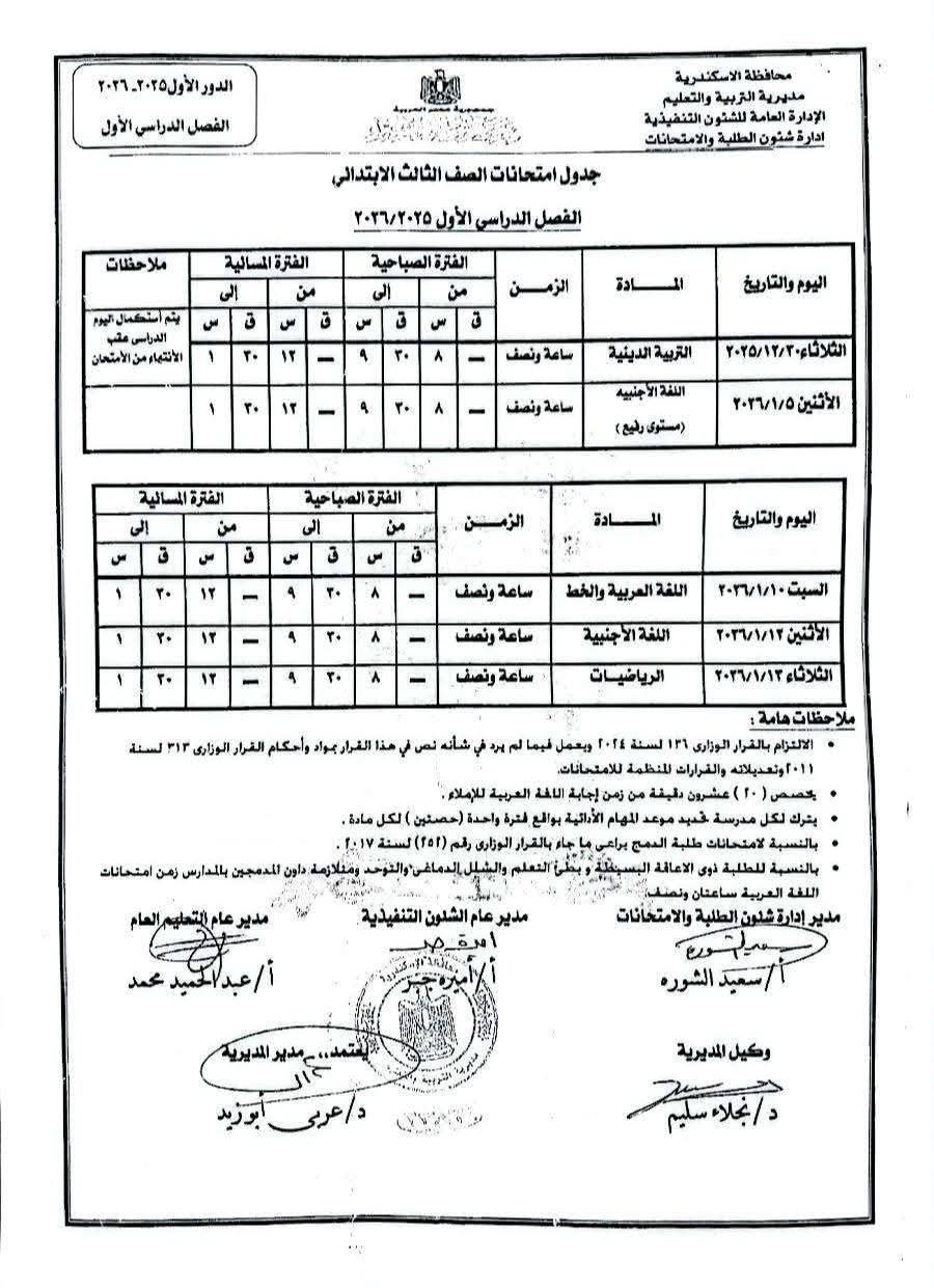 جدول امتحانات الفصل الدراسي الاول