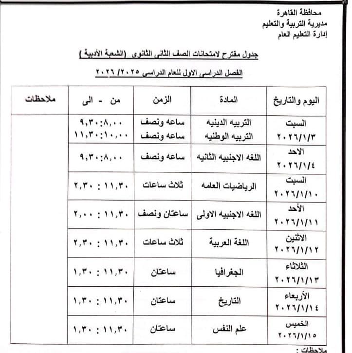 جدول امتحانات الفصل الدراسي الأول
