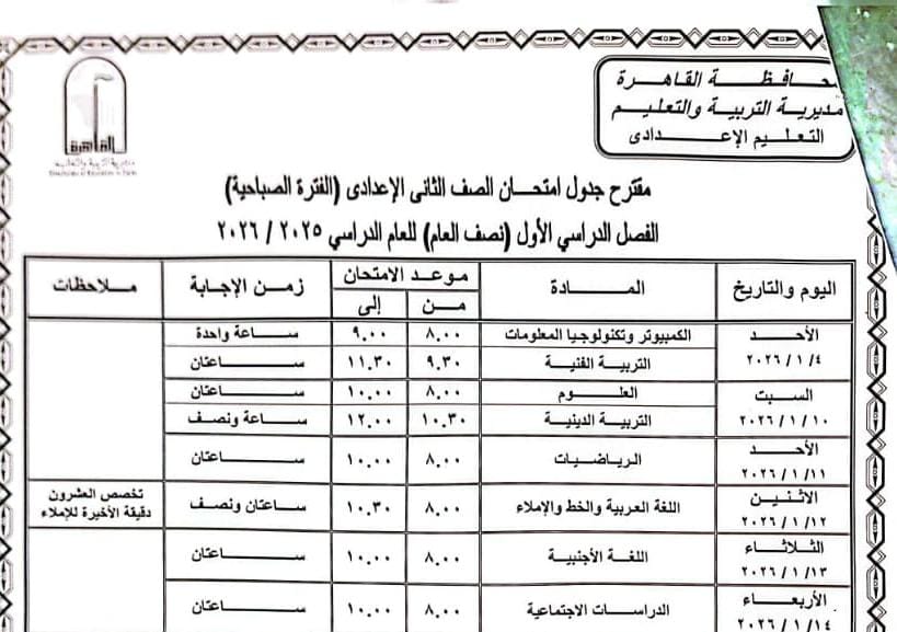 جدول امتحانات الفصل الدراسي الأول