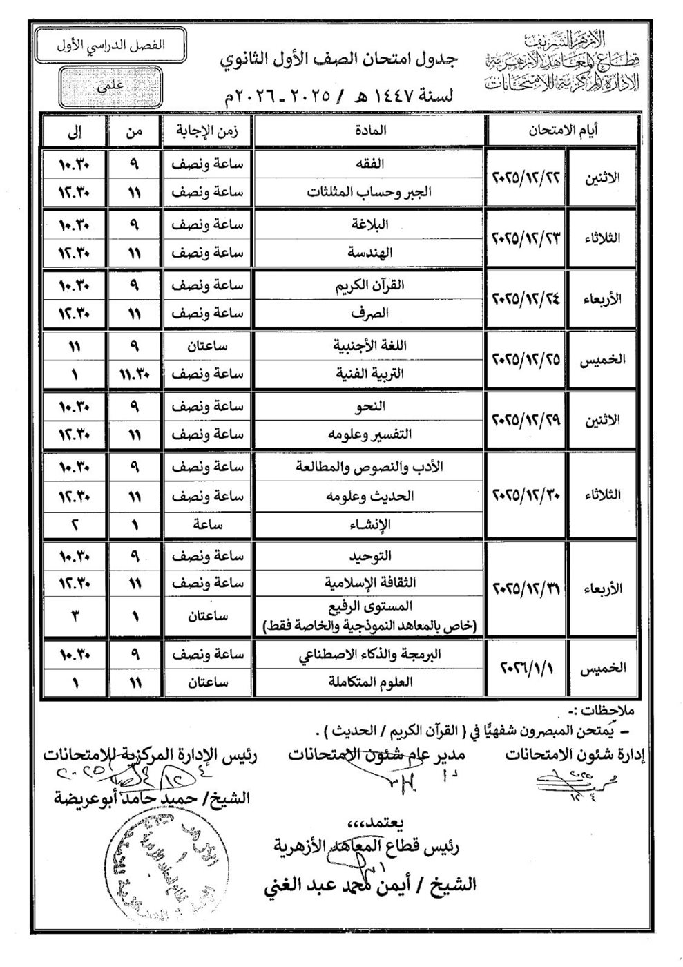 انطلاق امتحانات الفصل الدراسي الأول لصفوف النقل الثانوي الأزهري 2025 / &nbsp;2026
