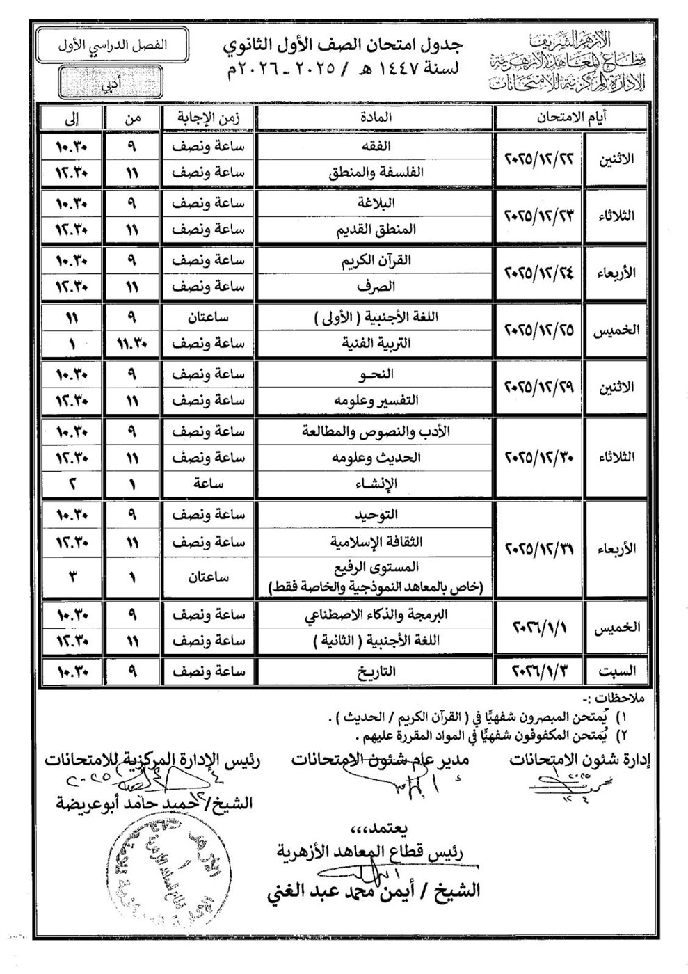 انطلاق امتحانات الفصل الدراسي الأول لصفوف النقل الثانوي الأزهري 2025 / &nbsp;2026