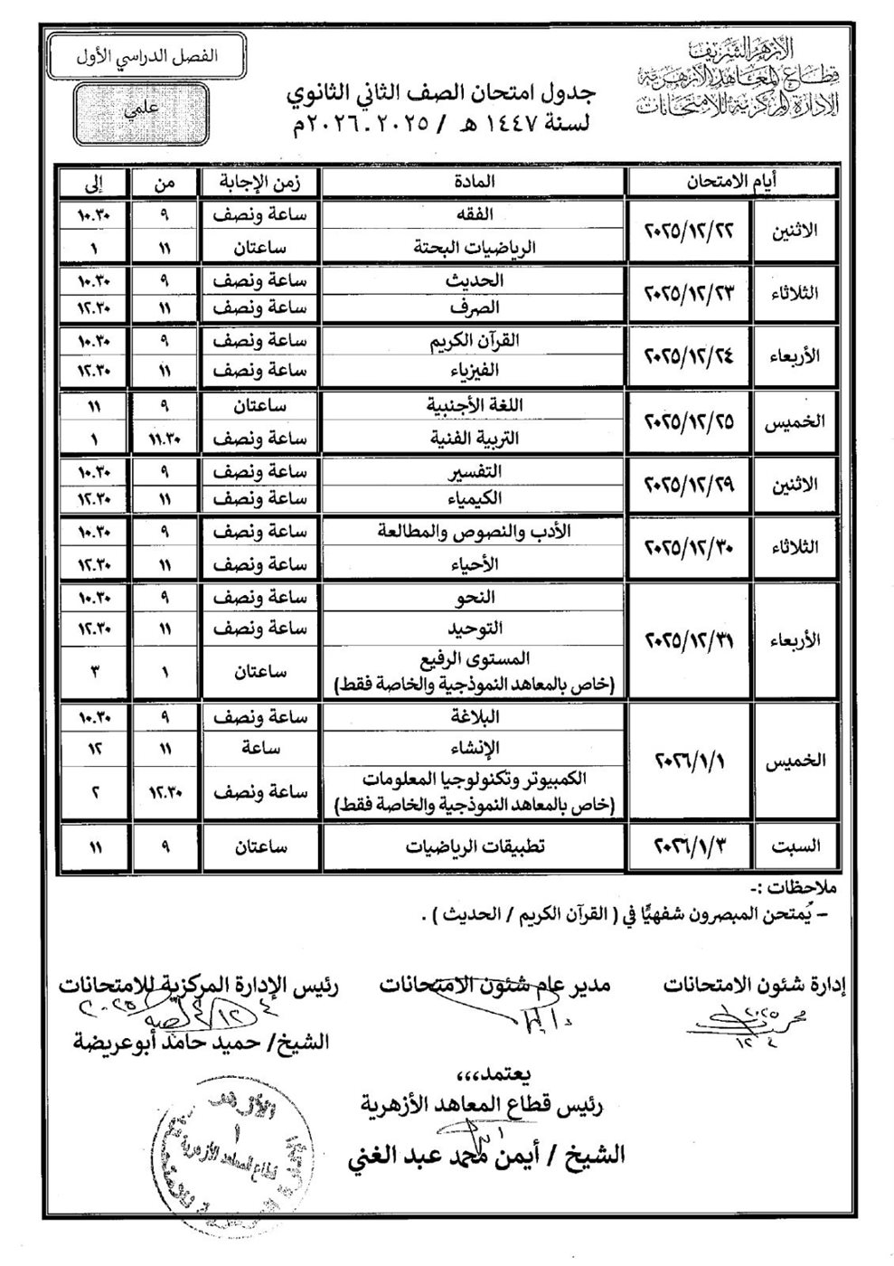 انطلاق امتحانات الفصل الدراسي الأول لصفوف النقل الثانوي الأزهري 2025 / &nbsp;2026