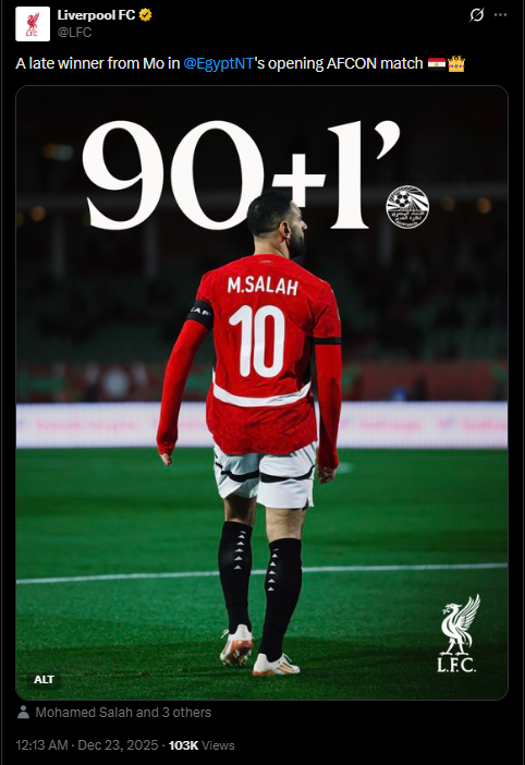 <strong>ليفربول يحتفي بهدف محمد صلاح القاتل في مباراة مصر وزيمبابوي بـ كأس أمم إفريقيا 2025</strong>