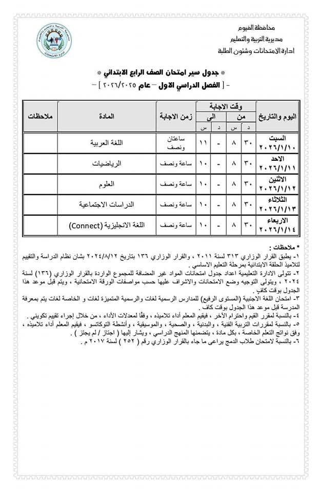 اعتماد جدول امتحانات الصف الأول الثانوي للفصل الدراسي الأول 2025/2026 بالفيوم