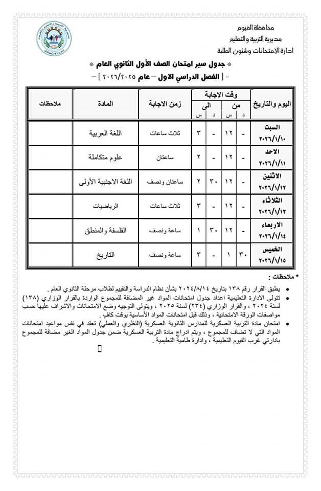 اعتماد جدول امتحانات الصف السادس الابتدائي للفصل الدراسي الأول 2025/2026 بمحافظة الفيوم