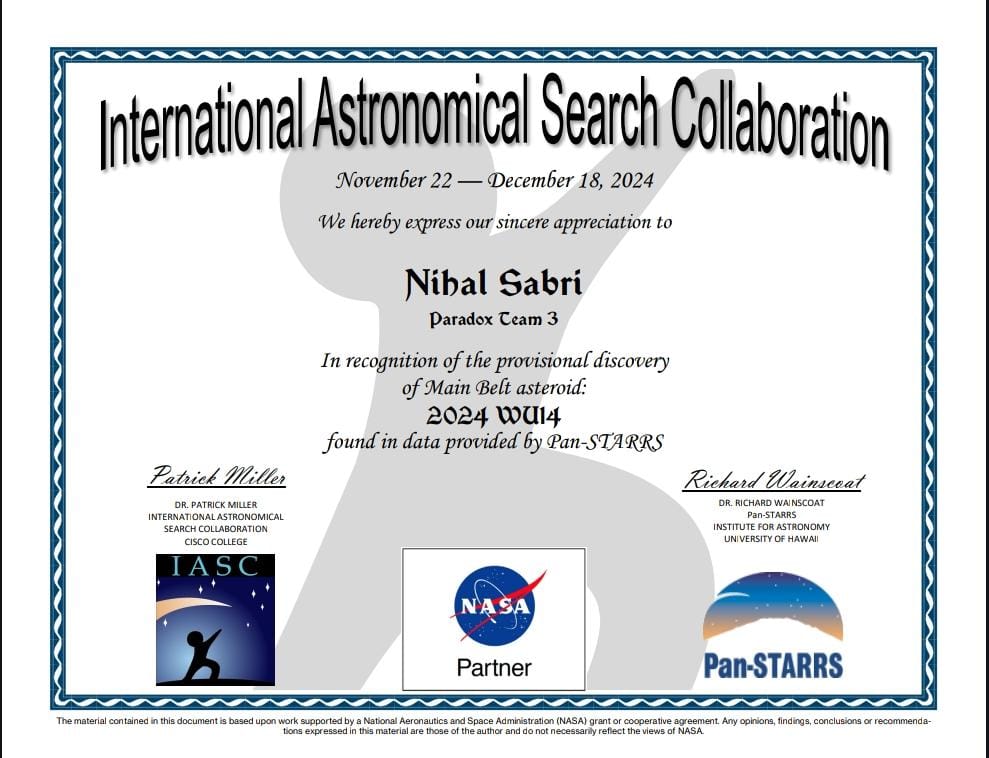 نهال صبري مكتشفة كويكب<br>2024 WU14