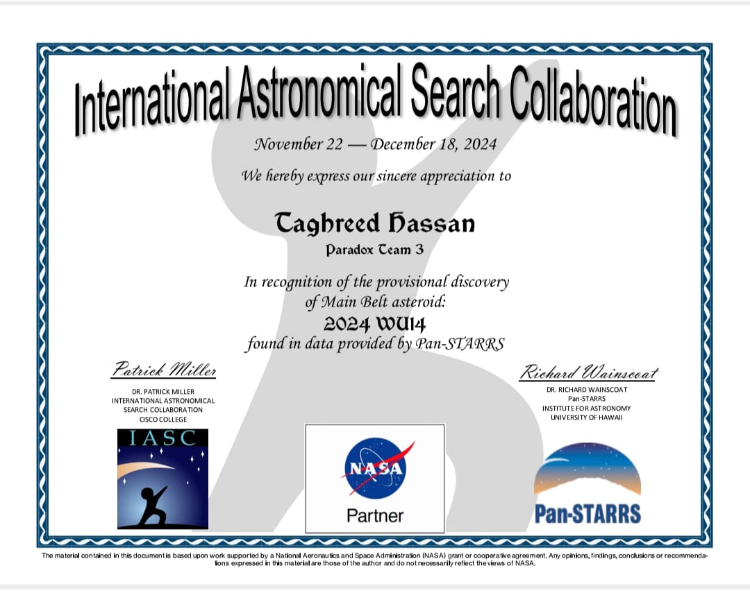 تغريد حسن مكتشفة كويكب 2024 WU14