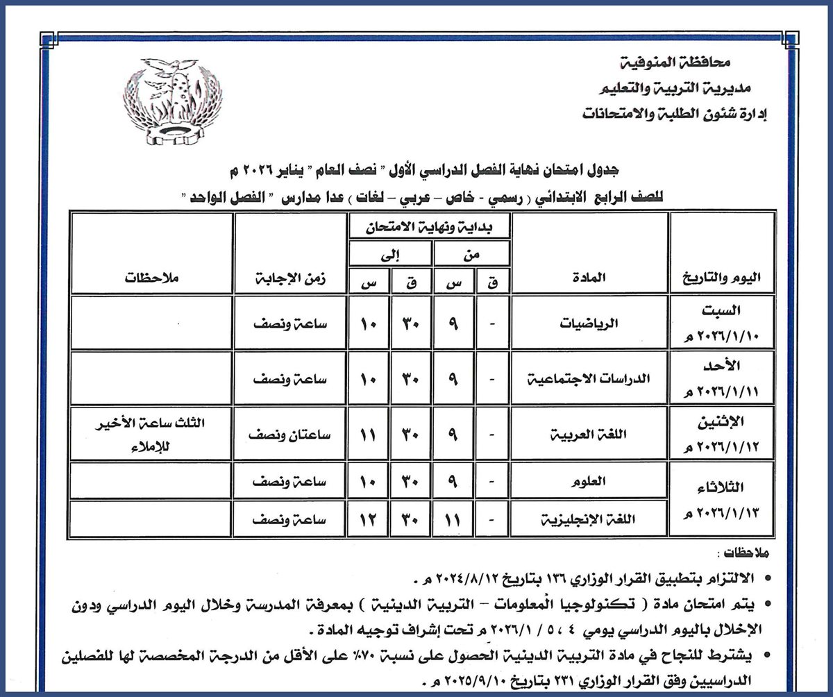 جداول امتحانات نصف العام 2026 للمرحلة الابتدائية