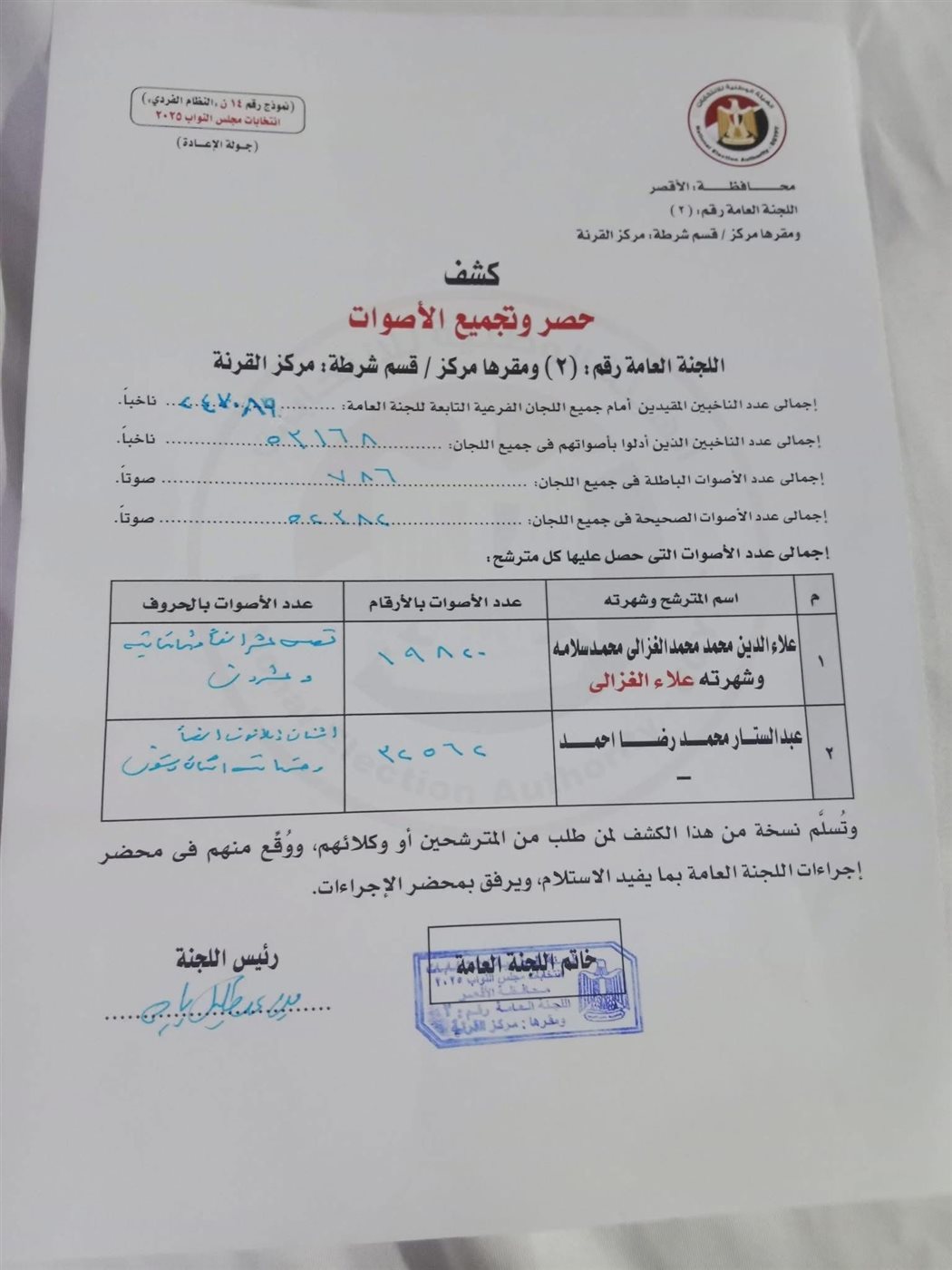 نتائج الحصر العددي